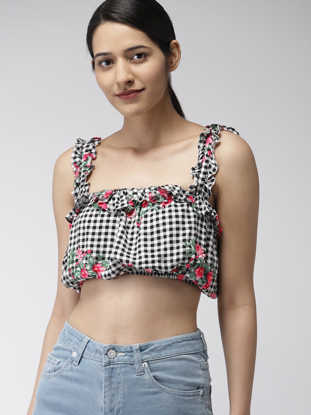

FOREVER 21 Women Black & White Checked Blouson Crop Top
