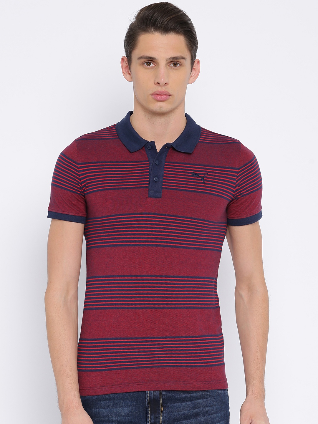 

Puma Men Maroon Striped Polo Collar T-shirt
