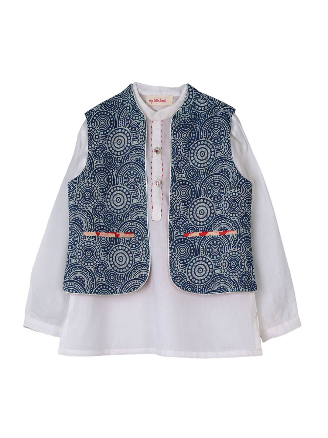 

My Little Lambs Boys White & Blue Printed Straight Kurta With Reversible Jacket