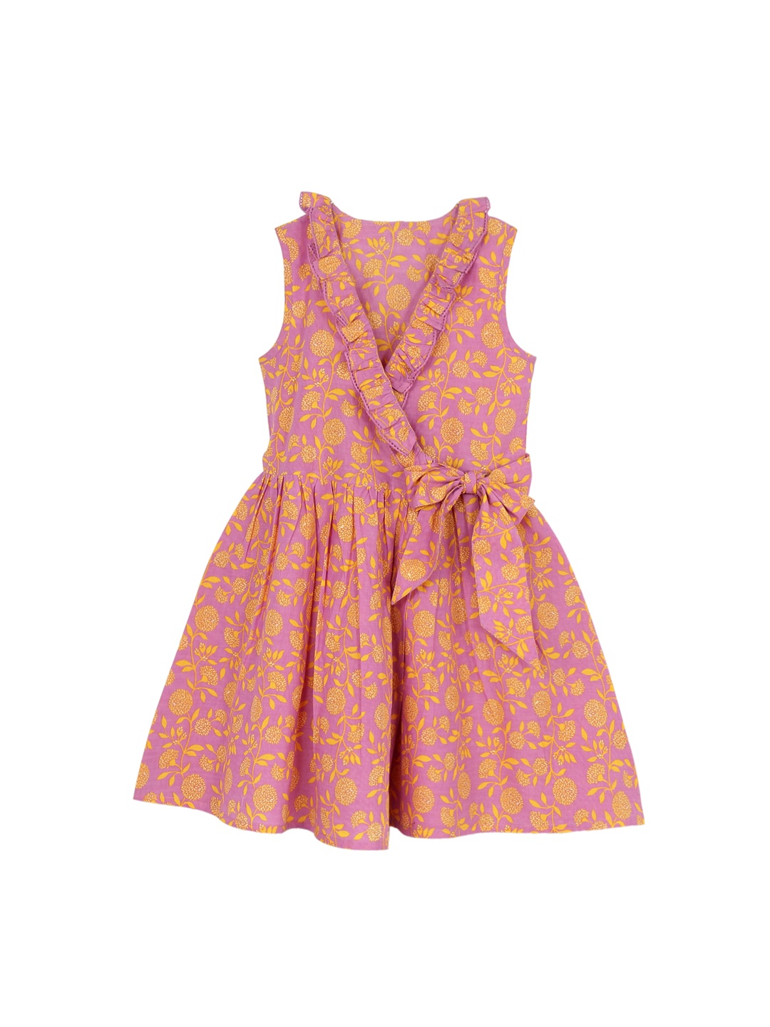 

My Little Lambs Girls Yellow & Pink Printed Wrap Dress