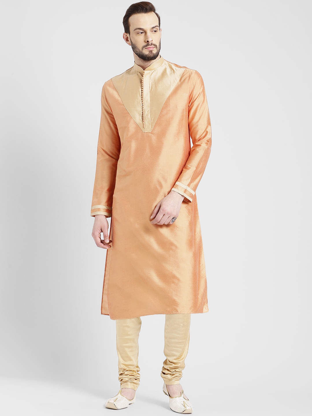 

KISAH Men Peach-Coloured & Beige Colourblocked Straight Kurta