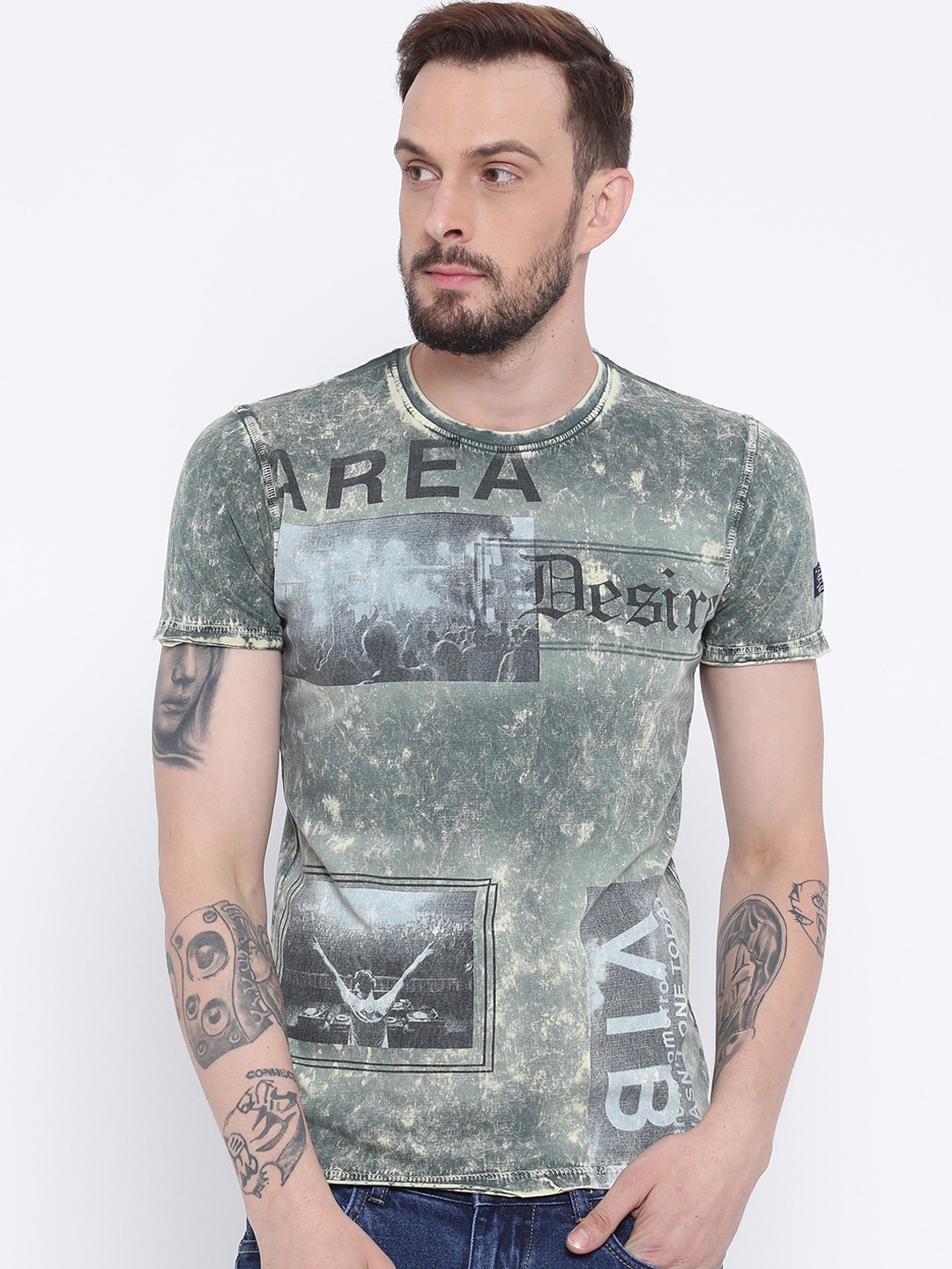 

Duke Men Green Printed Round Neck T-shirt