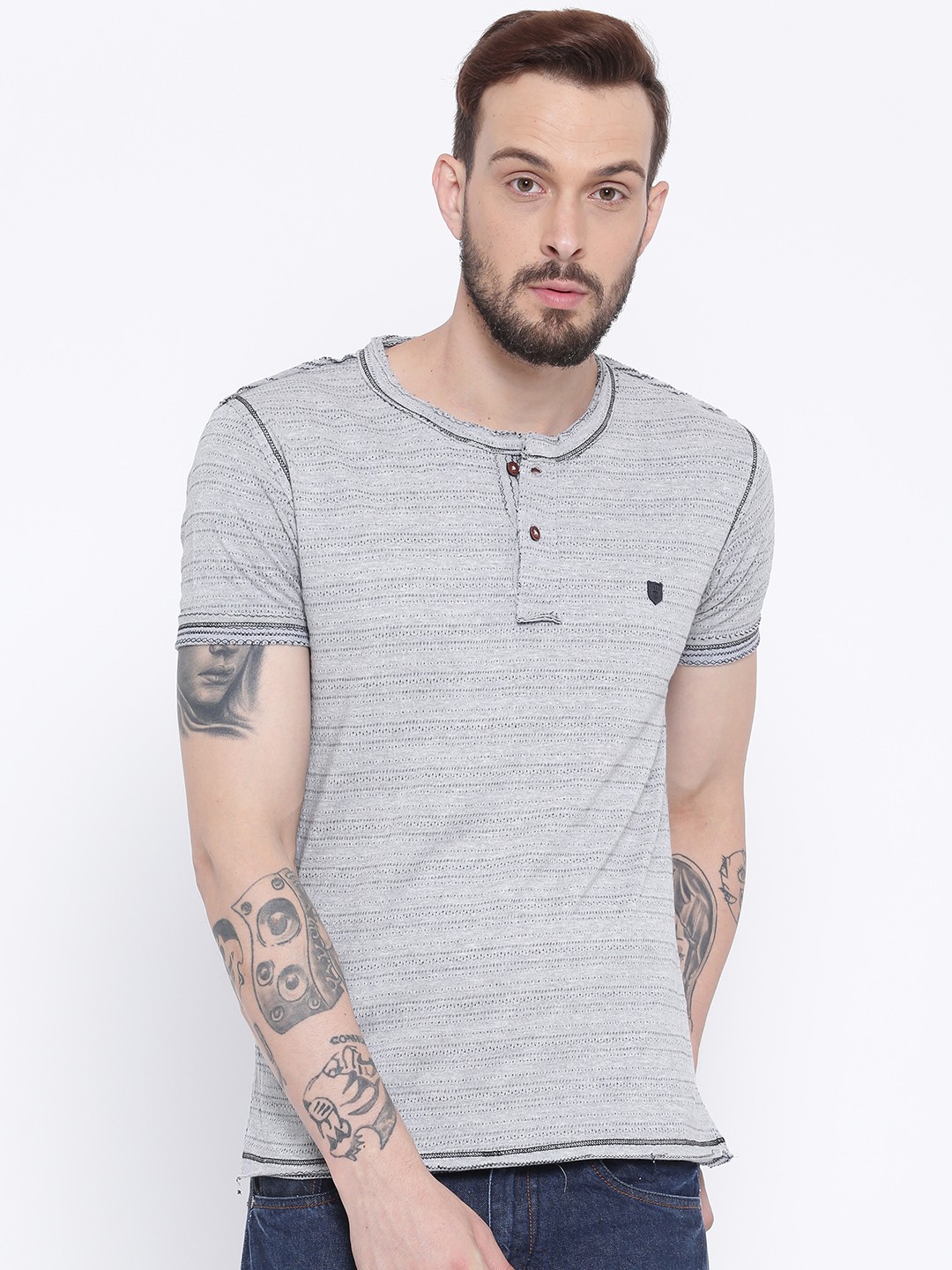 

Duke Men Grey Striped Henley Neck T-shirt