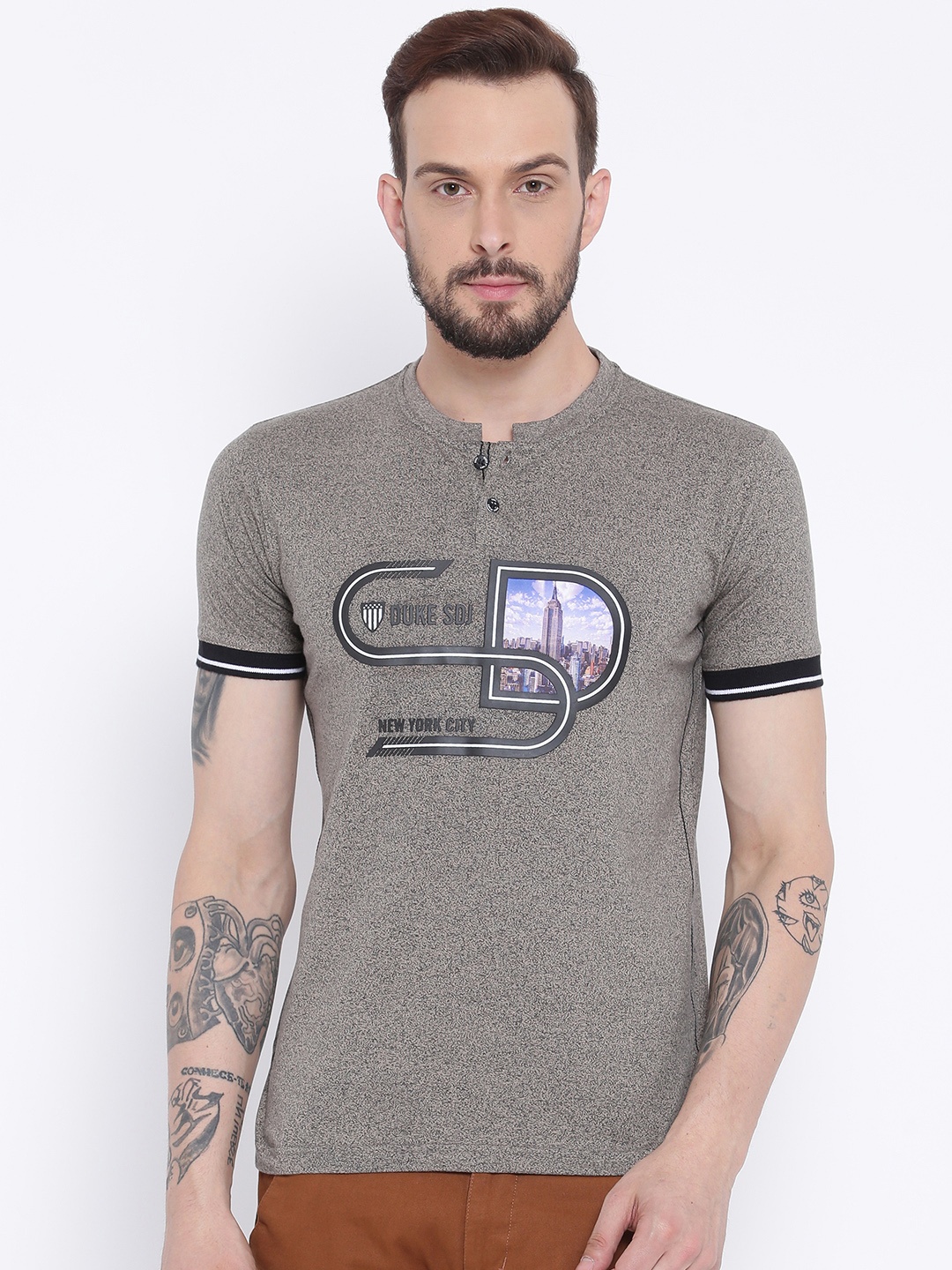 

Duke Men Grey Printed Henley Neck T-shirt