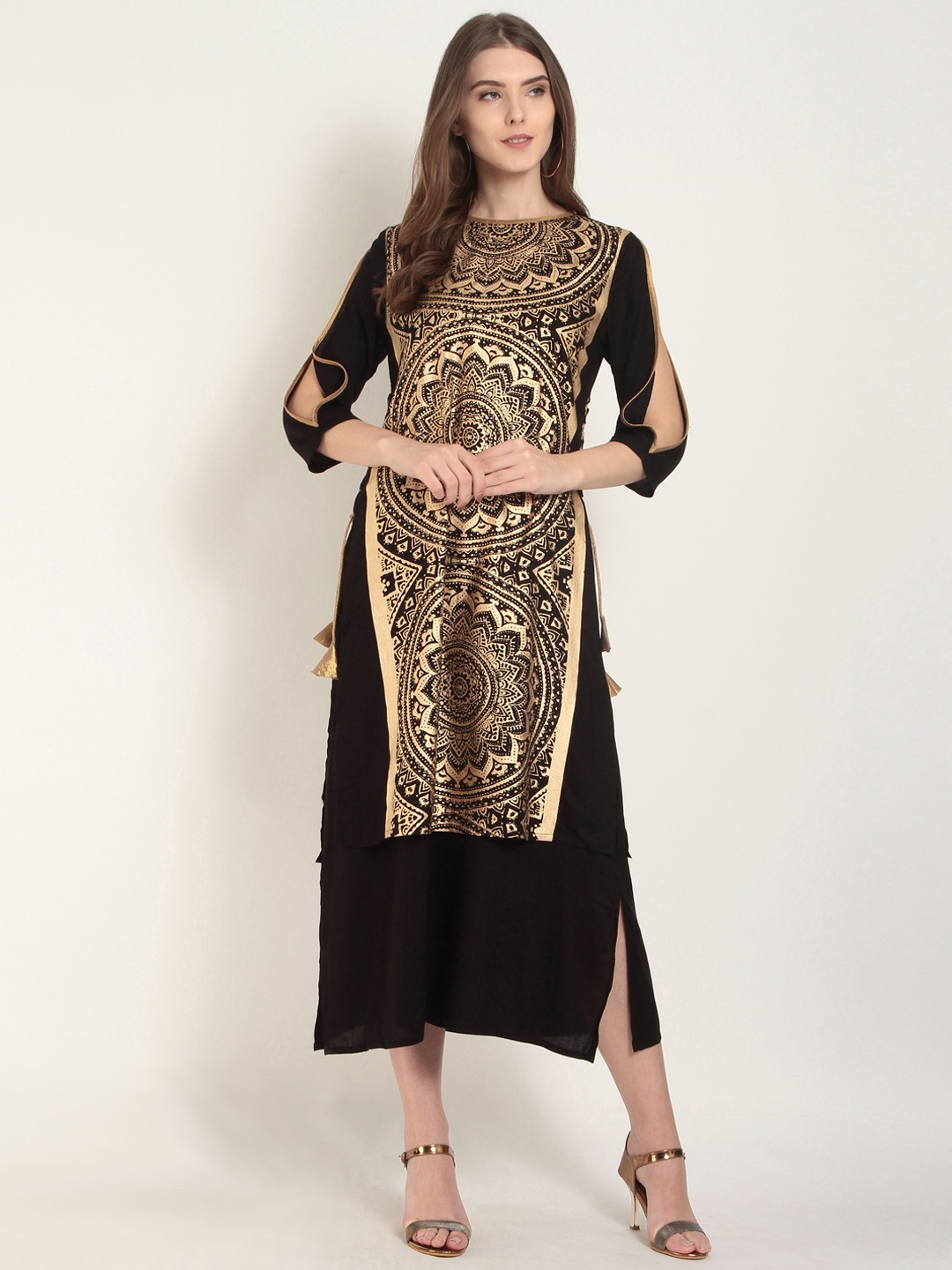 

RARE ROOTS Women Black Printed Straight Kurta