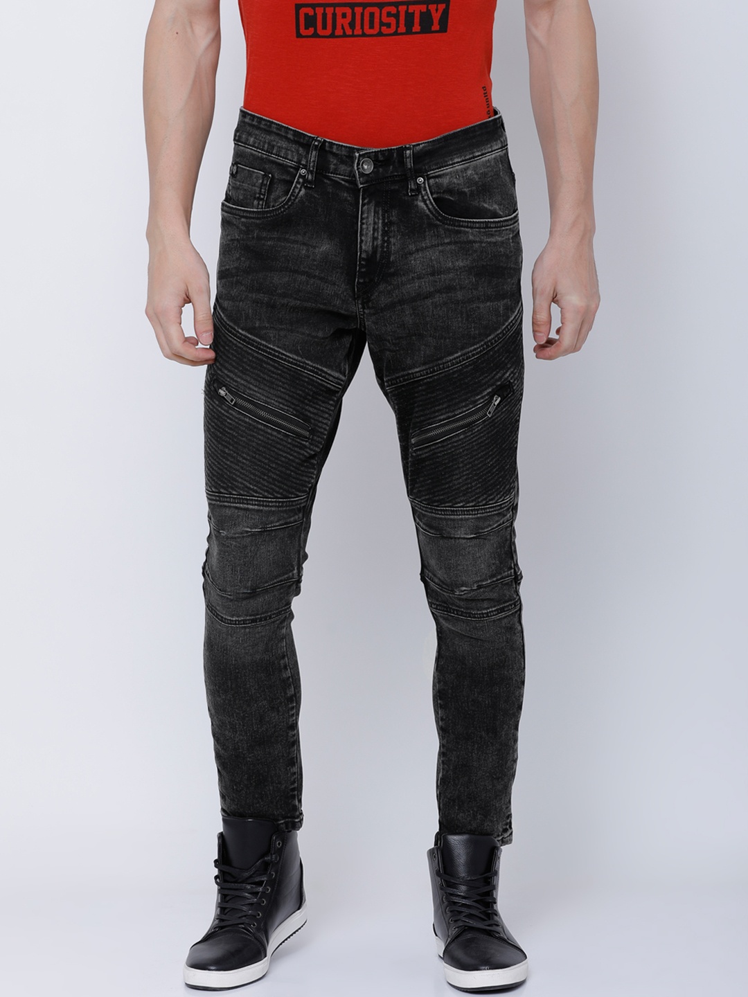 

LOCOMOTIVE Men Charcoal Tapered Fit Mid-Rise Clean Look Stretchable Jeans