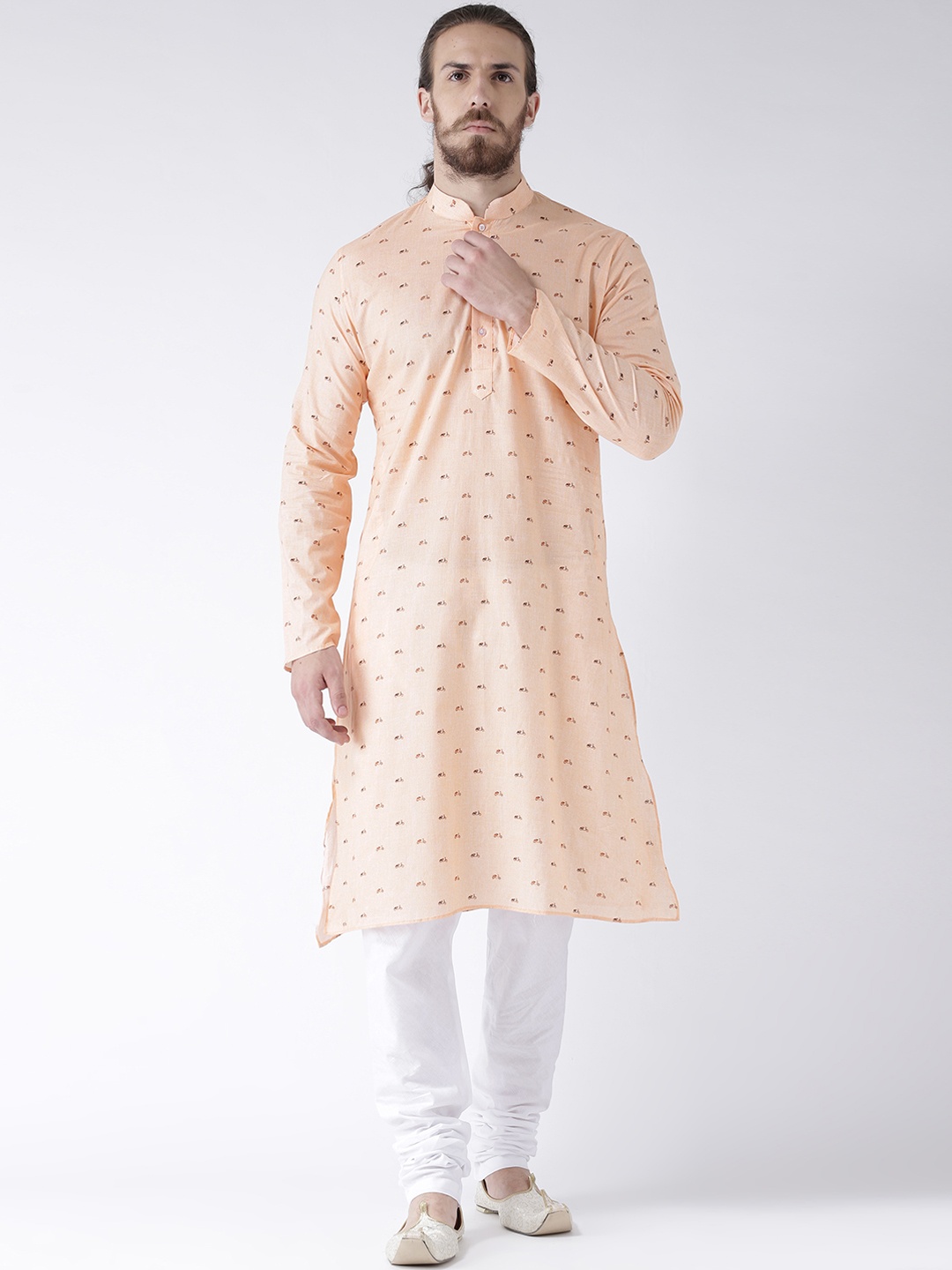 

DEYANN Men Peach-Coloured & White Printed Kurta with Churidar