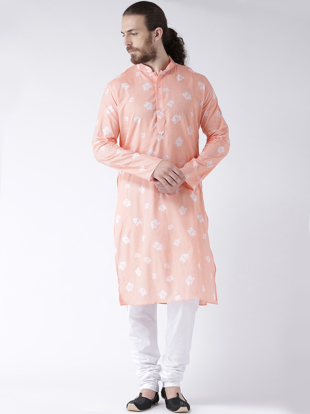 

DEYANN Men Peach-Coloured & White Printed Kurta with Churidar