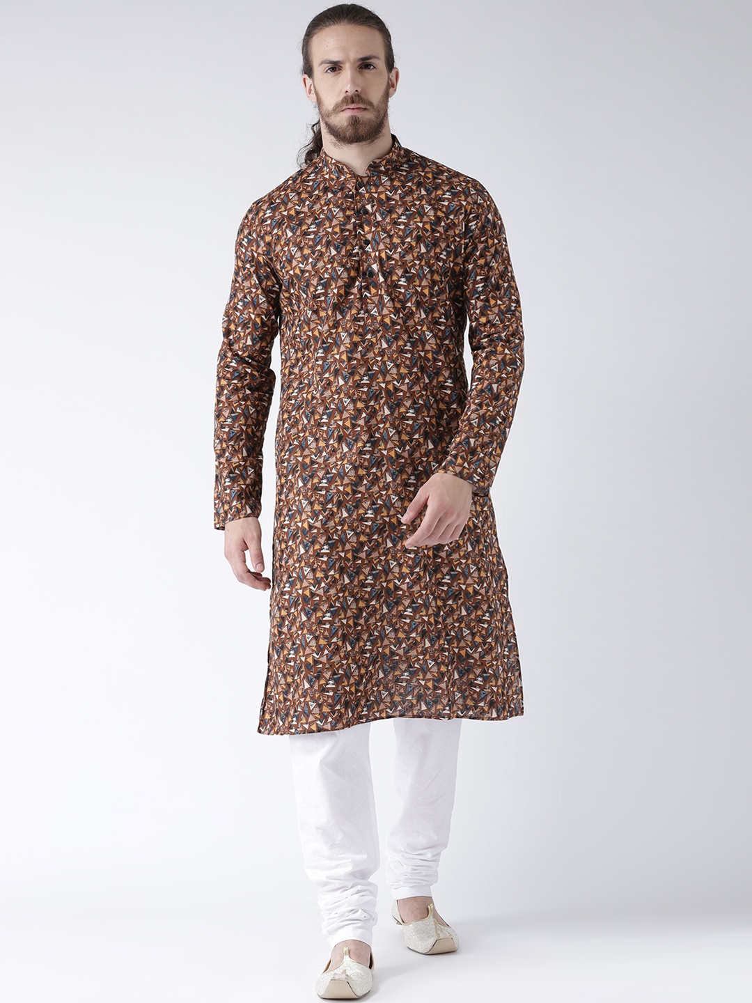 

DEYANN Men Brown & White Printed Kurta with Churidar