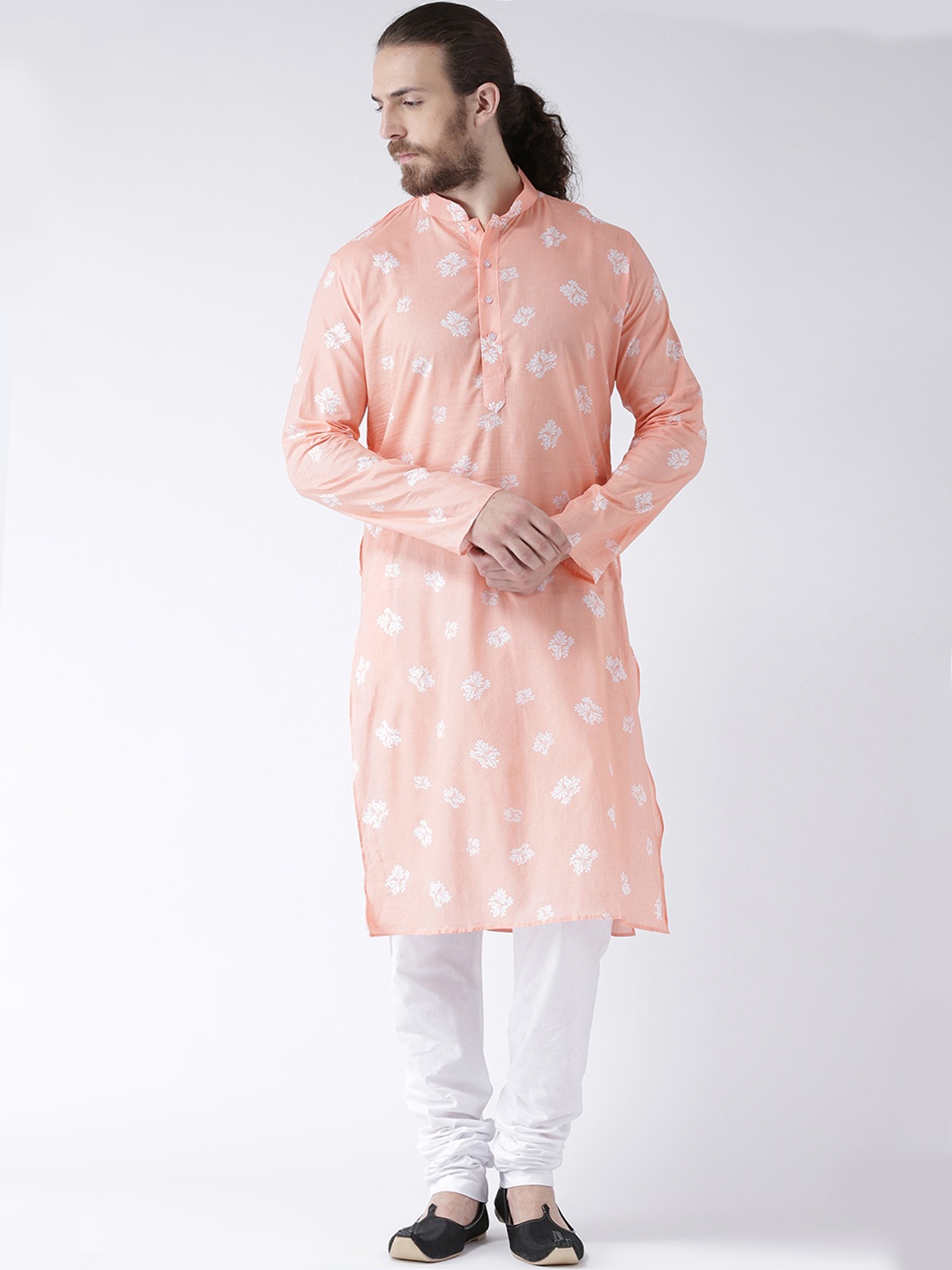 

DEYANN Men Peach & White Printed Straight Kurta