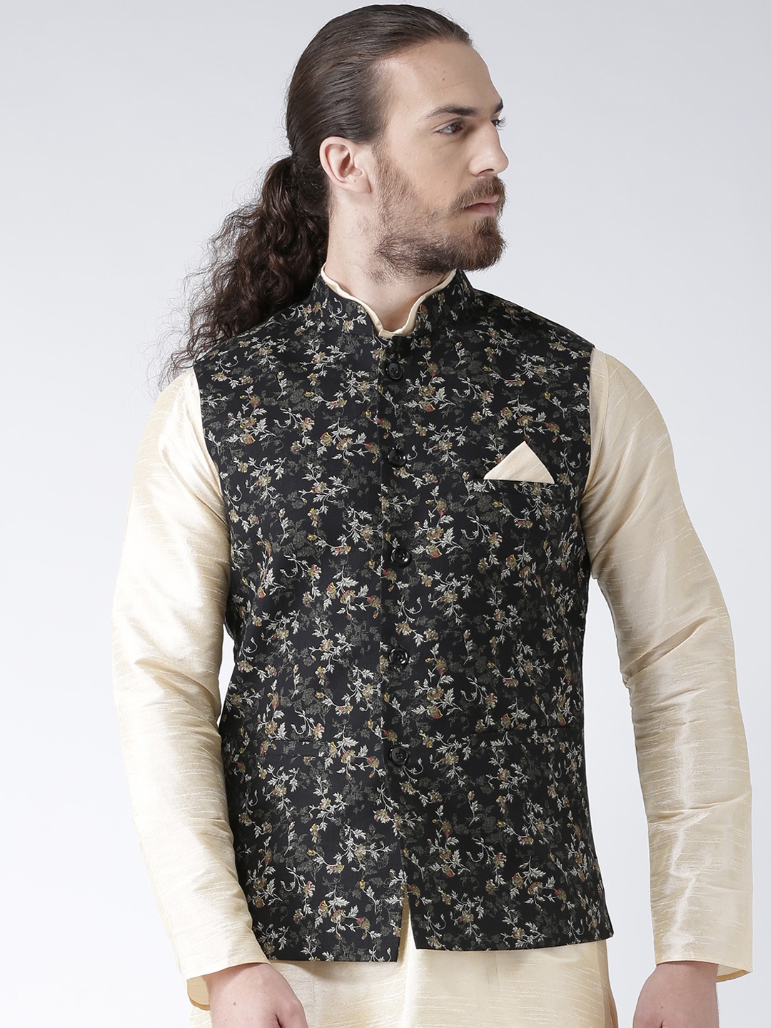

Deyann Men Black Floral Printed Nehru Jacket