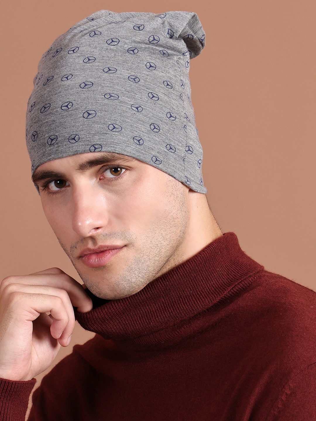 

MACK JONNEY Men Grey Melange Printed Beanie