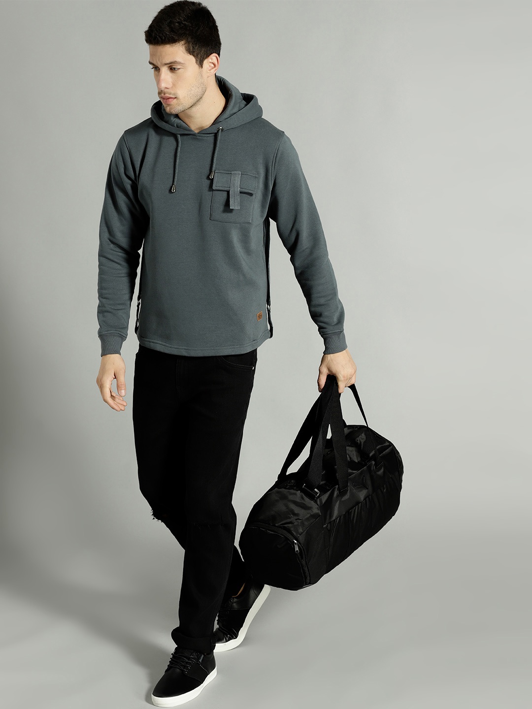 

Roadster Men Grey Solid Hooded Sweatshirt