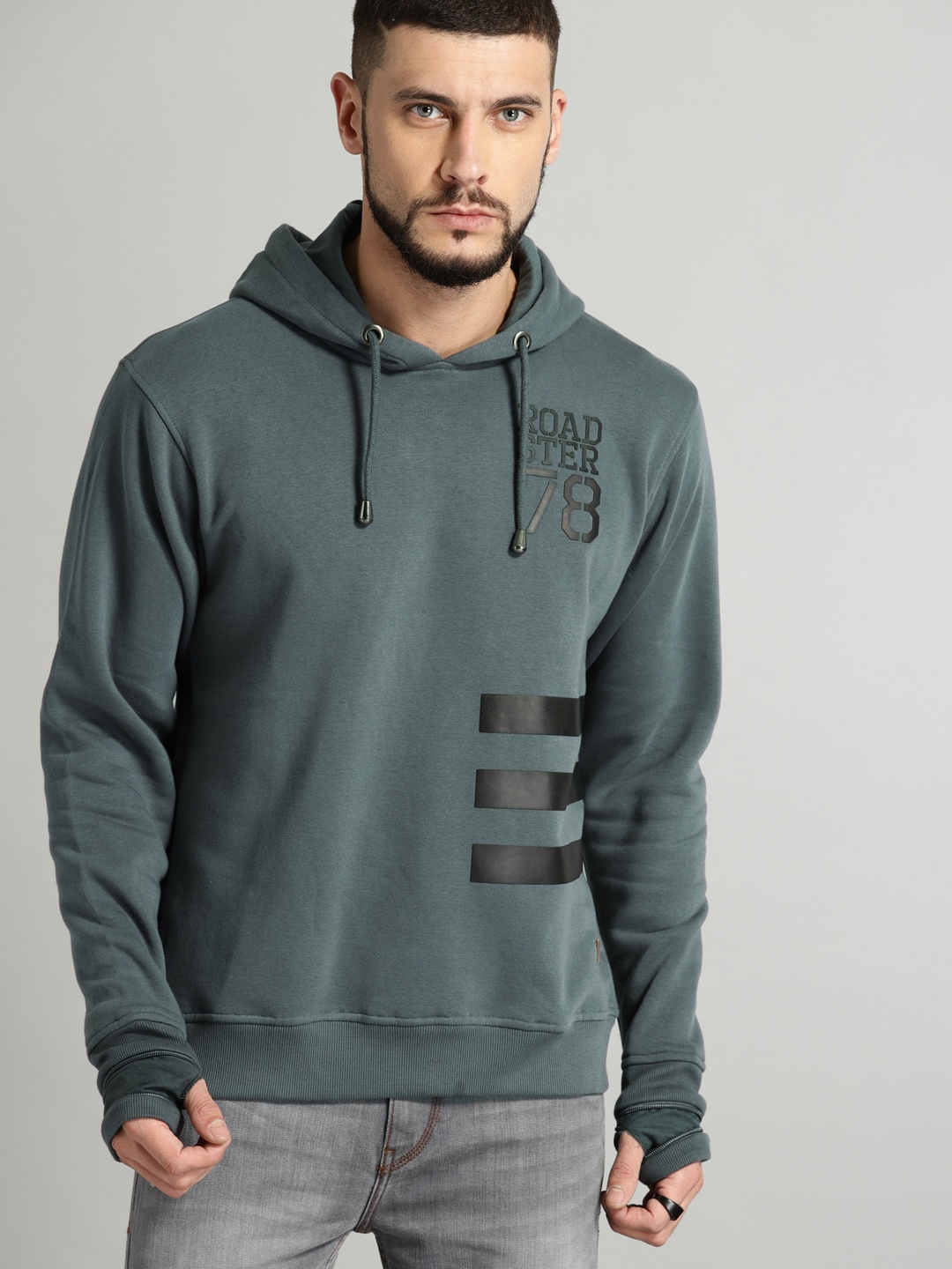 

Roadster Men Grey Solid Hooded Sweatshirt