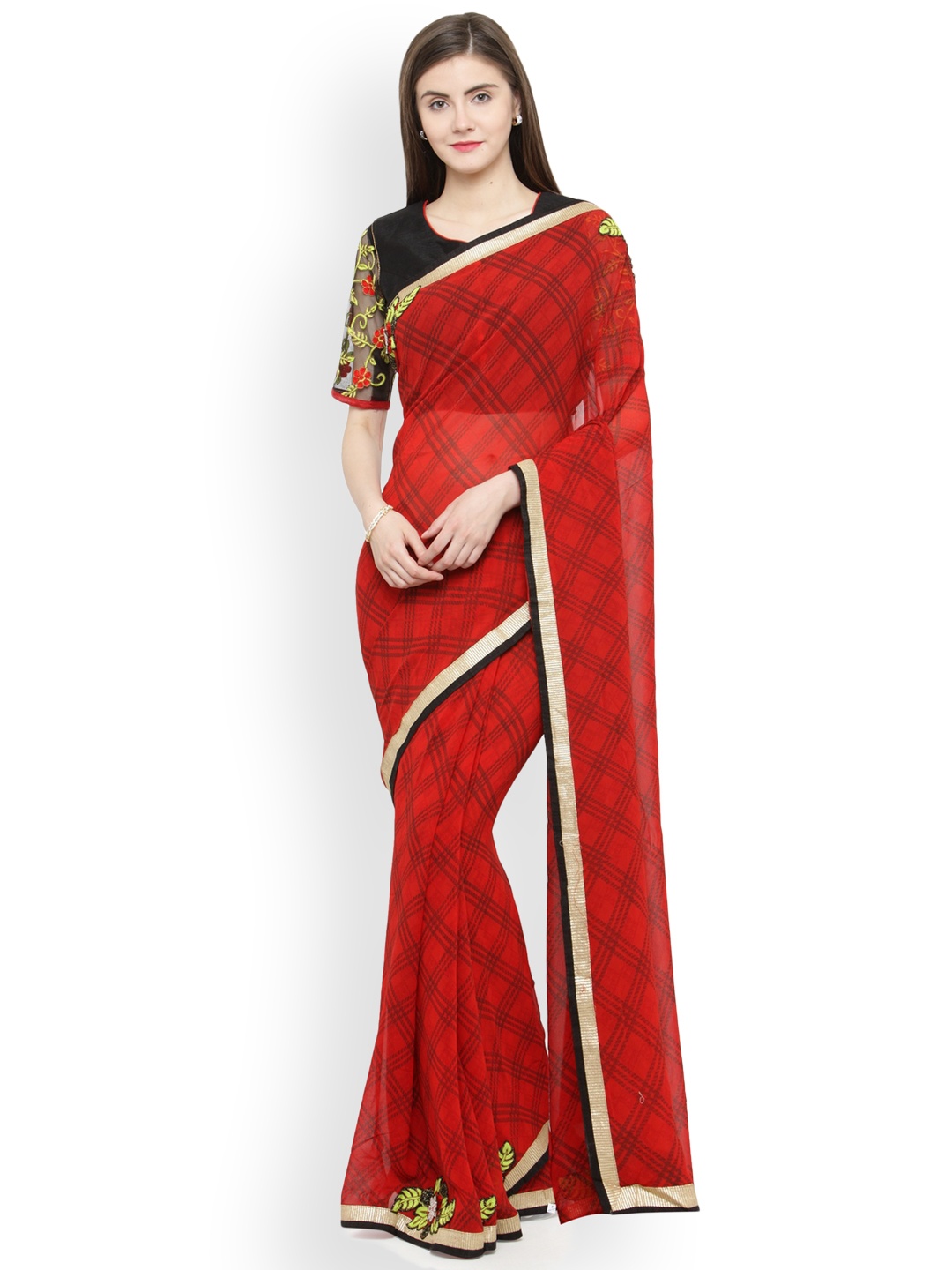 

Shaily Red Checked Pure Georgette Saree