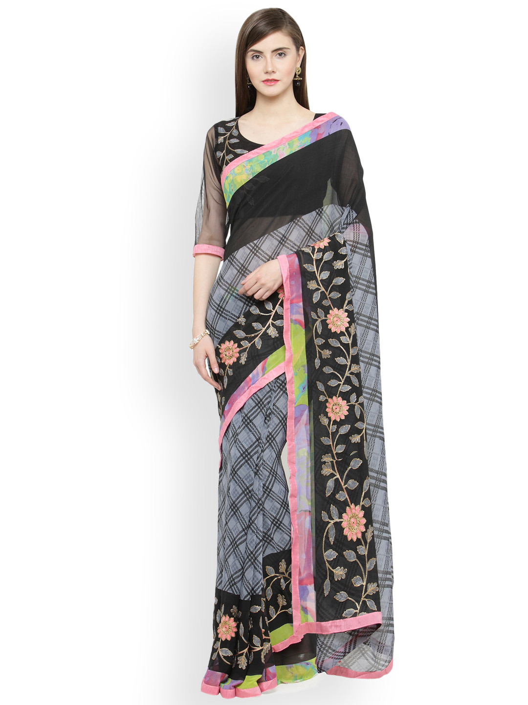 

Shaily Grey & Black Pure Georgette Embroidered Saree