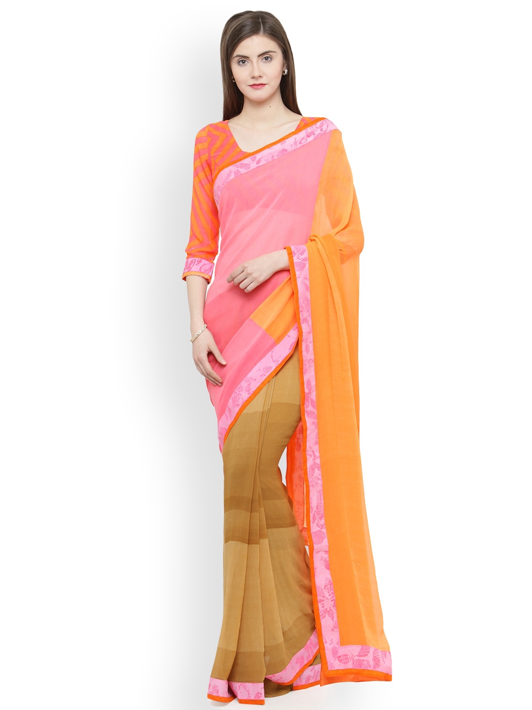 

Shaily Peach-Coloured & Pink Pure Georgette Colourblocked Saree