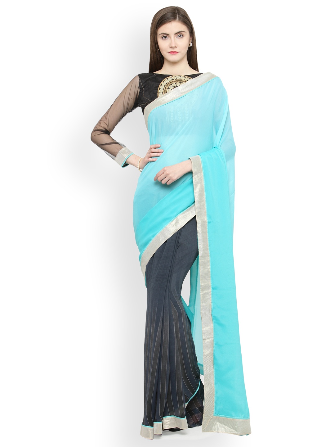 

Shaily Blue Printed Pure Georgette Half and Half Saree