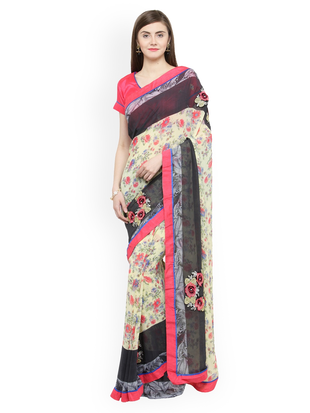 

Shaily Cream-Coloured & Pink Pure Georgette Embroidered Saree