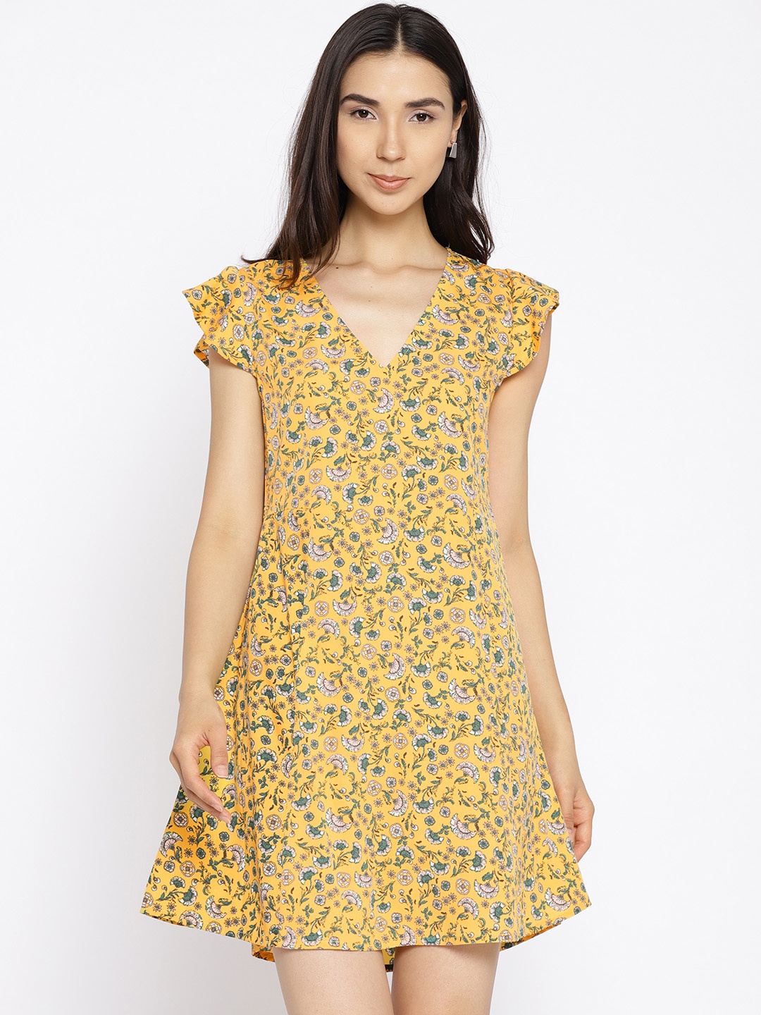 

Vaak Women Yellow Printed A-Line Dress