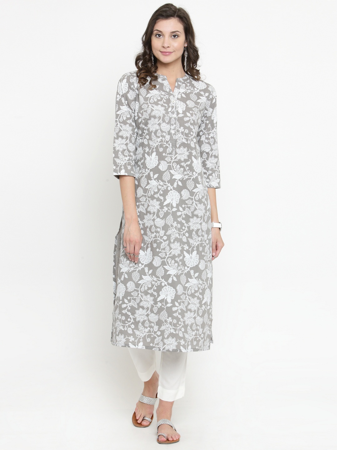 

Varanga Women Grey & White Printed Kurta with Trousers