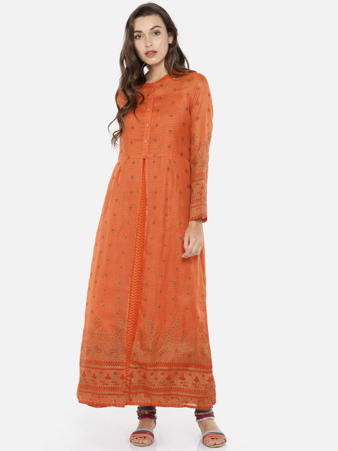 

Global Desi Women Orange Printed A-Line Layered Kurta