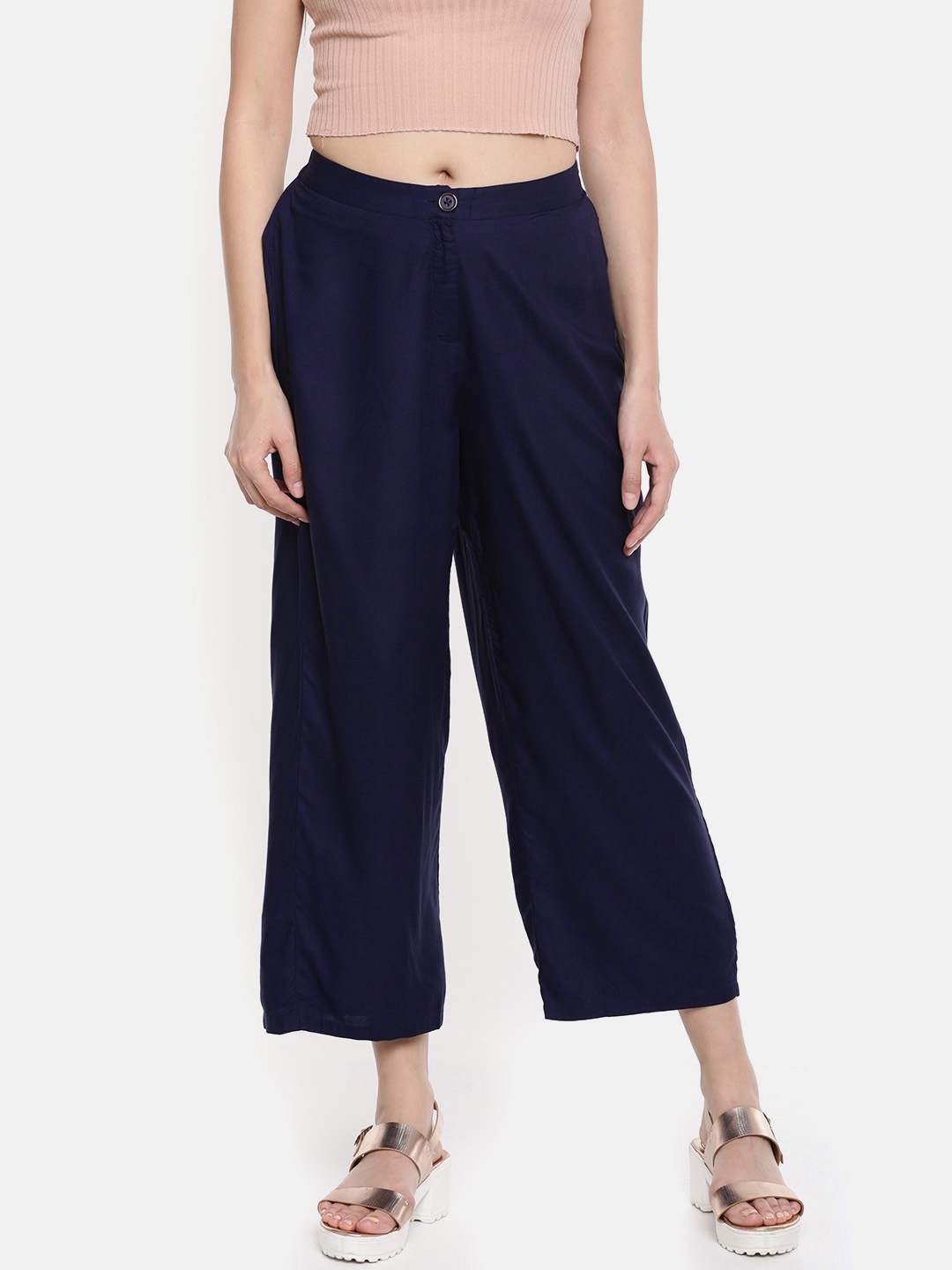 

Global Desi Women Navy Blue Regular Fit Solid Regular Trousers