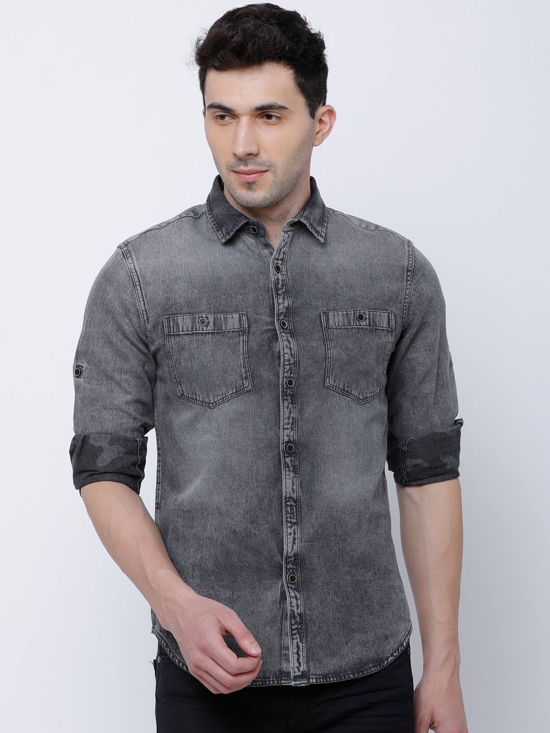 

LOCOMOTIVE Men Grey Slim Fit Faded Denim Casual Shirt
