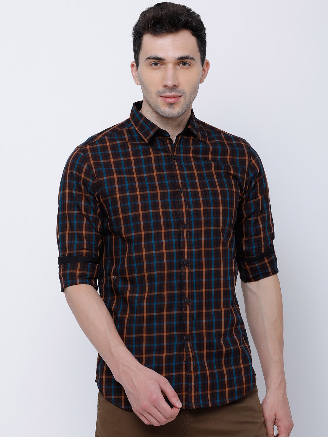 

LOCOMOTIVE Men Brown & Mustard Slim Fit Checked Casual Shirt