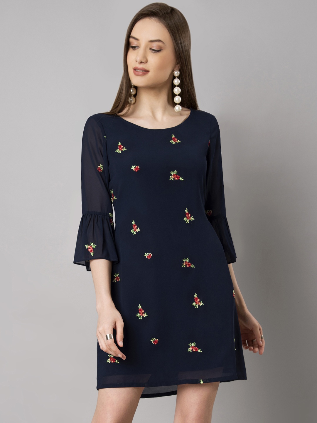 

FabAlley Women Navy Blue Printed A-Line Dress