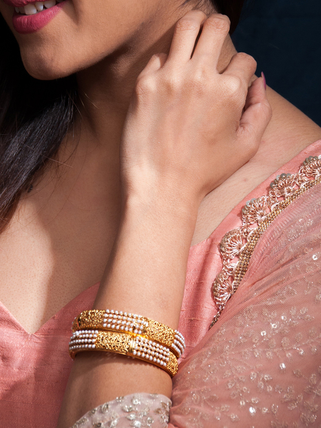 

Rubans Gold-Toned & White Set of 2 Beads Studded Bangles