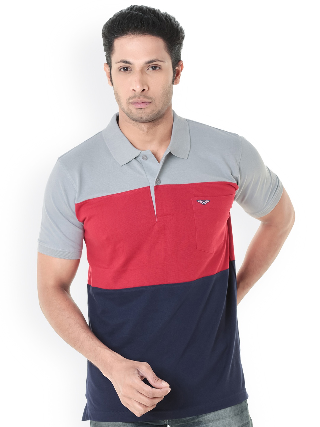 

WEXFORD Men Navy Blue Red Colourblocked Polo Collar Pure Cotton T-shirt