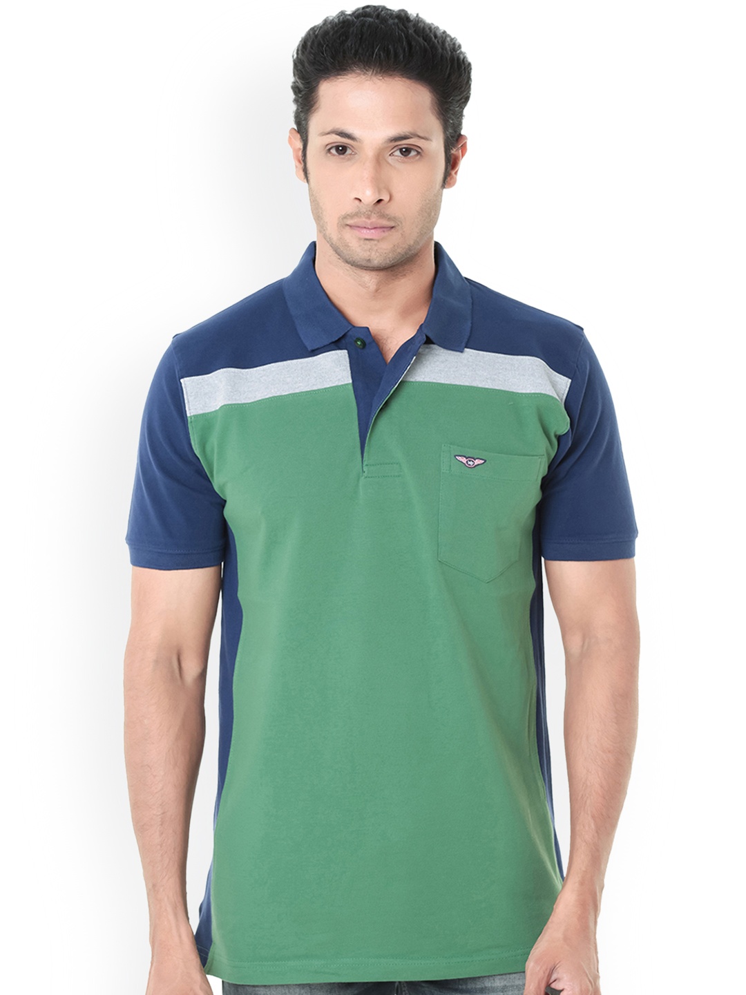 

WEXFORD Men Green Navy Colourblocked Polo Collar Pure Cotton T-shirt