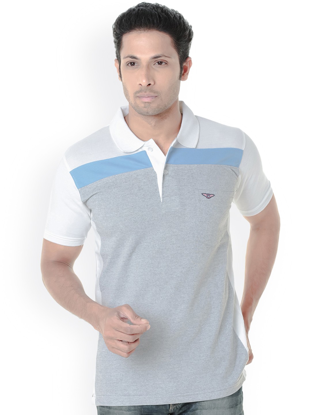

WEXFORD Men Grey White Colourblocked Polo Collar Pure Cotton T-shirt