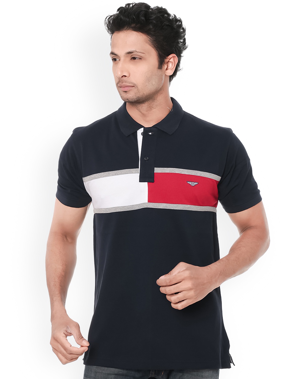 

WEXFORD Men Black Colourblocked Polo Collar Pure Cotton T-shirt