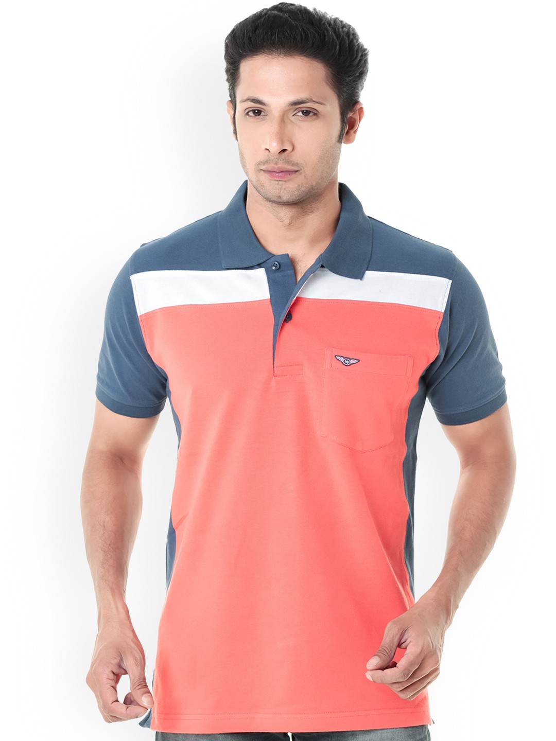

WEXFORD Men Coral Pink Navy Colourblocked Polo Collar Pure Cotton T-shirt