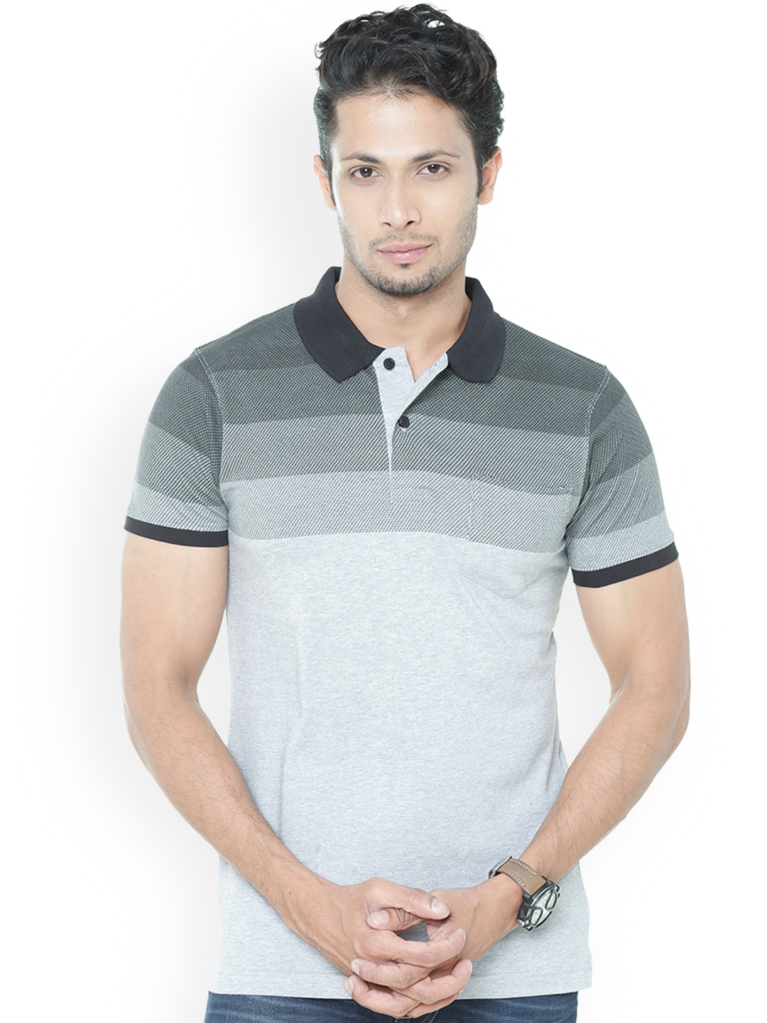

WEXFORD Men Grey Striped Polo Collar T-shirt