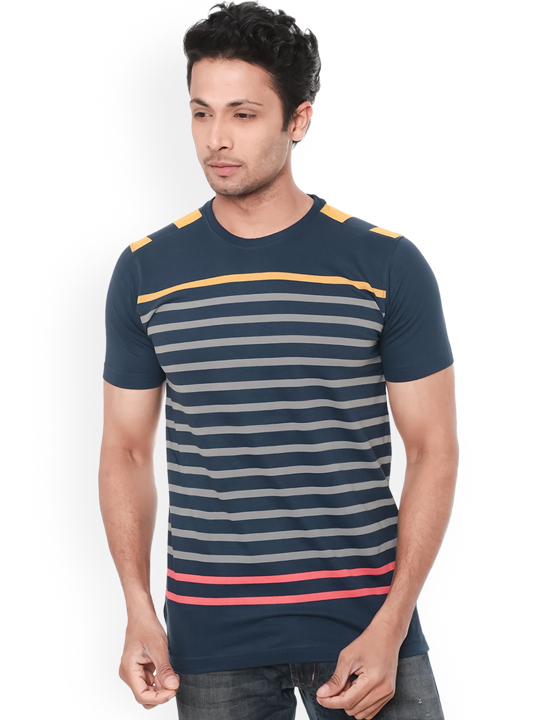 

WEXFORD Men Navy Blue Striped Round Neck Pure Cotton T-shirt