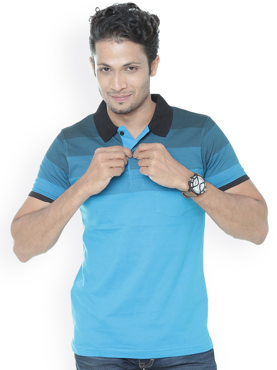 

WEXFORD Men Blue Striped Polo Collar T-shirt