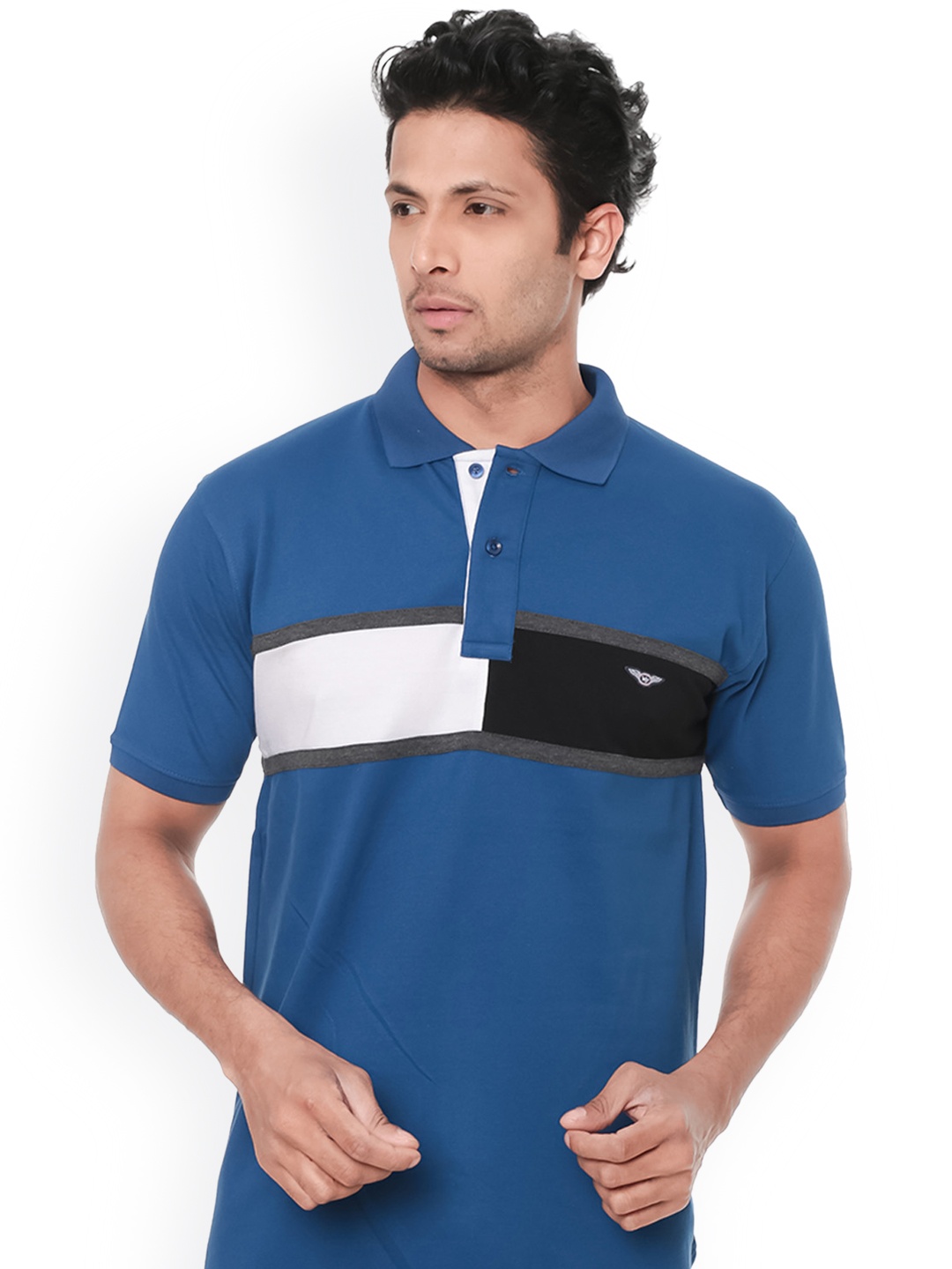 

WEXFORD Men Blue White Colourblocked Polo Collar Pure Cotton T-shirt