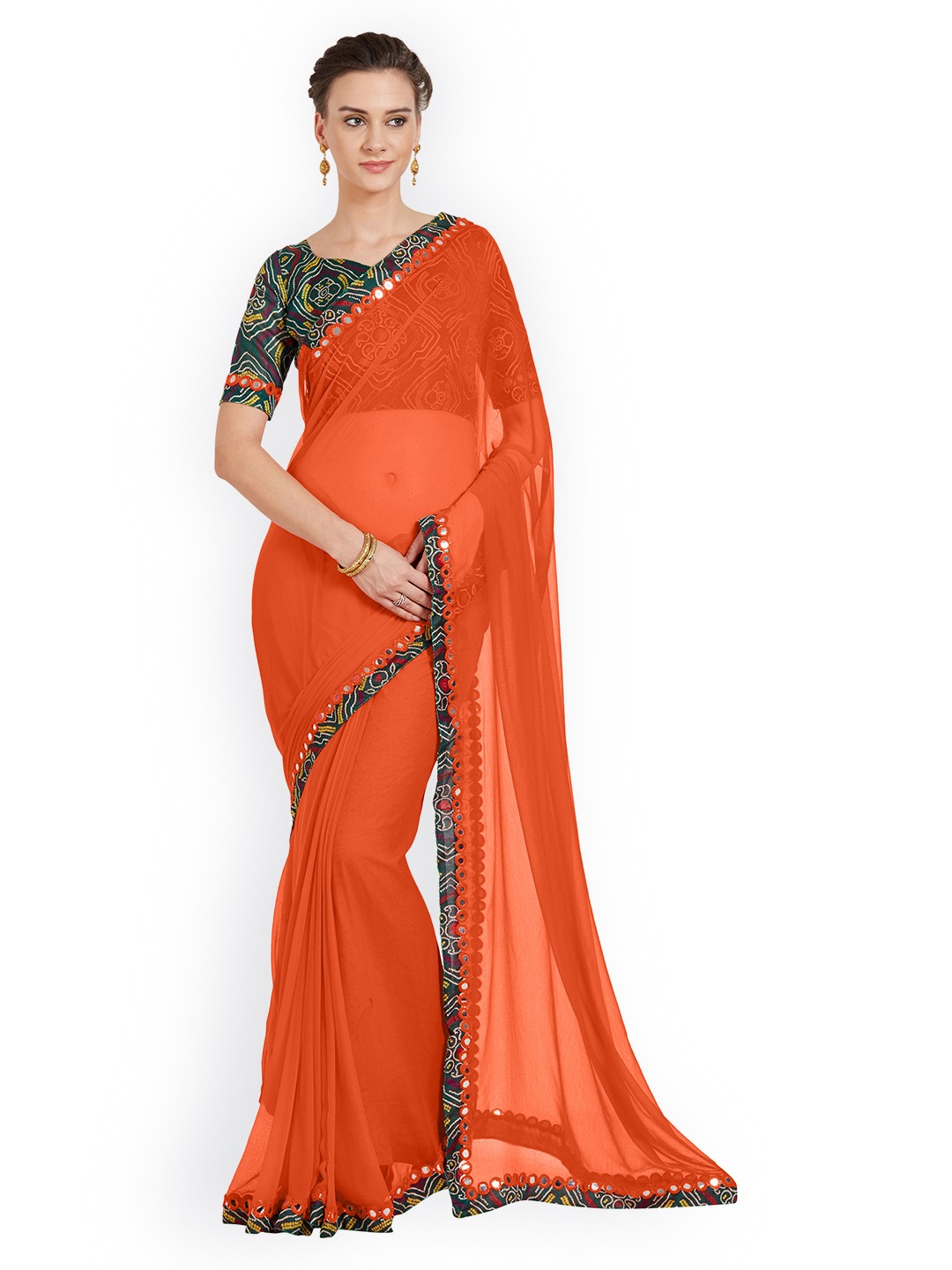 

MIRCHI FASHION Orange Solid Poly Chiffon Saree
