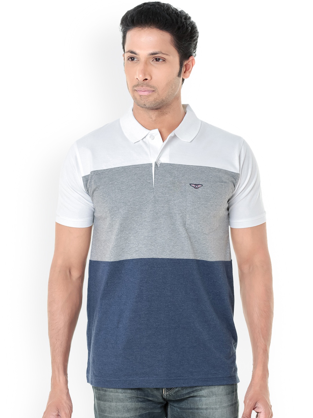 

WEXFORD Men Navy Blue Grey Colourblocked Polo Collar Pure Cotton T-shirt