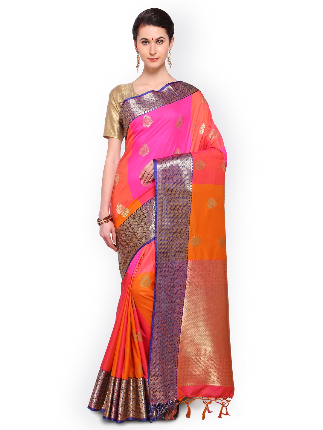 

Varkala Silk Sarees Orange & Pink Silk Blend Woven Design Kanjeevaram Saree