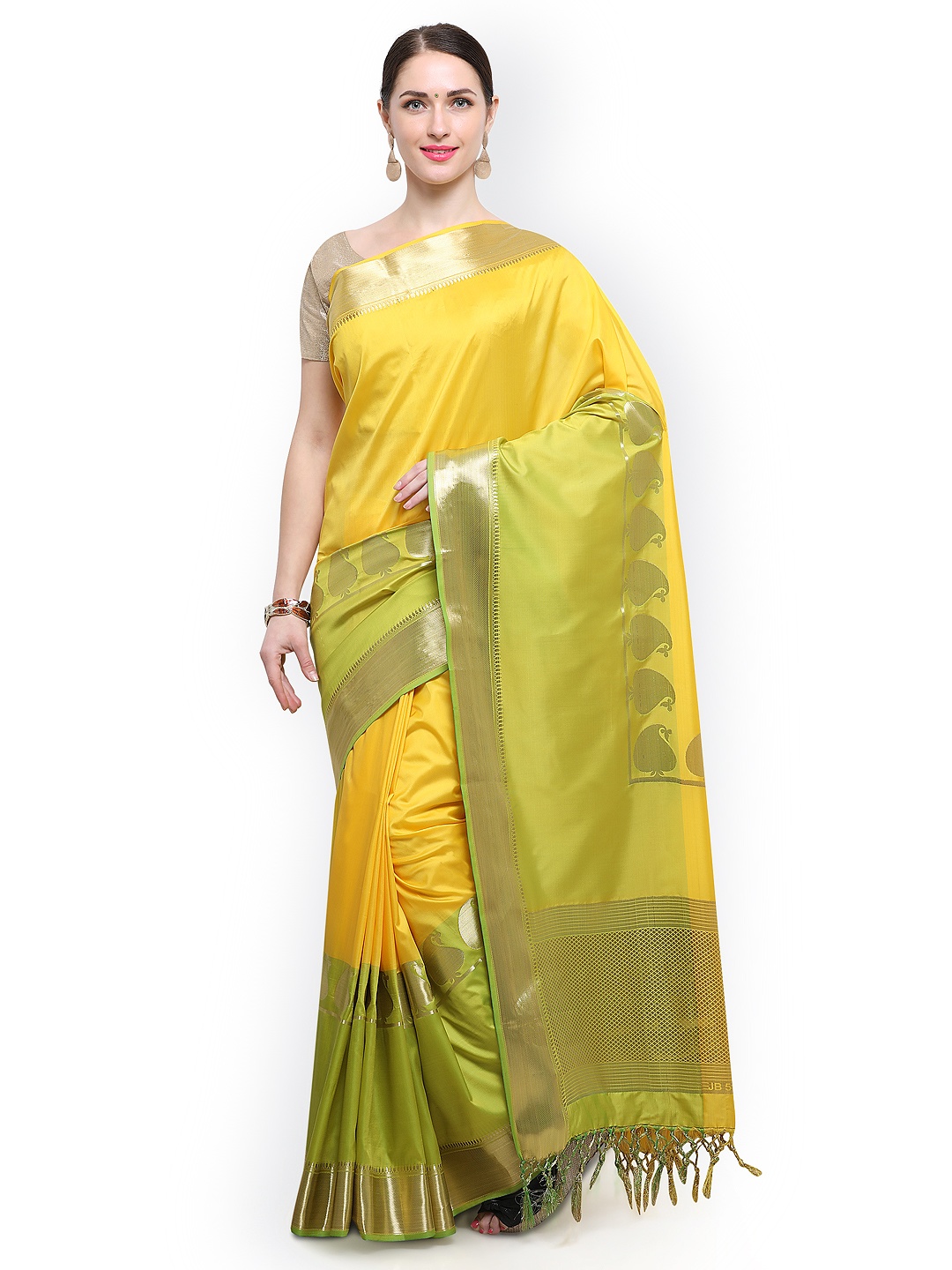 

Varkala Silk Sarees Yellow & Green Silk Blend Solid Kanjeevaram Saree