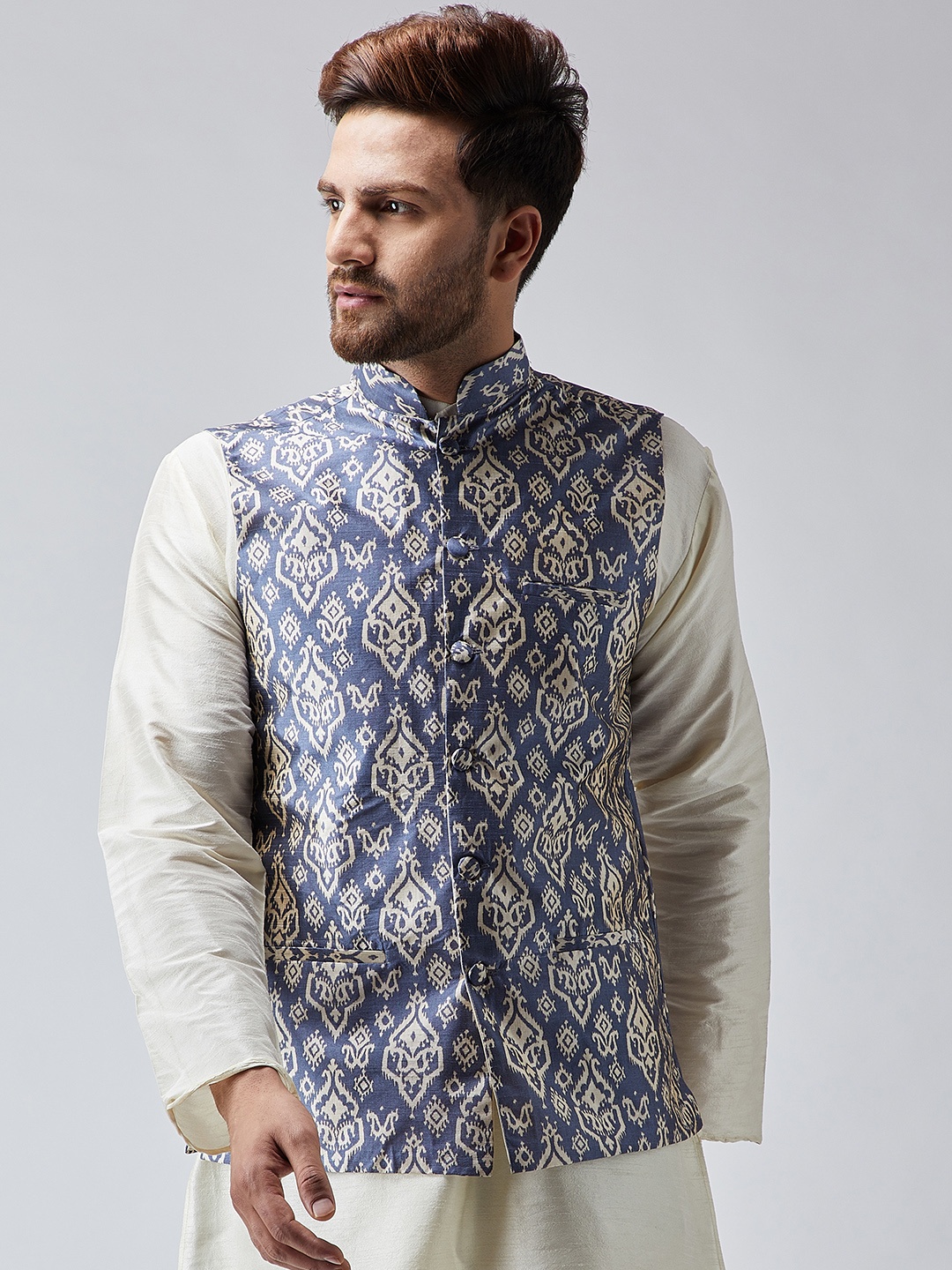 

SOJANYA Men Blue & Off-White Printed Nehru Jacket