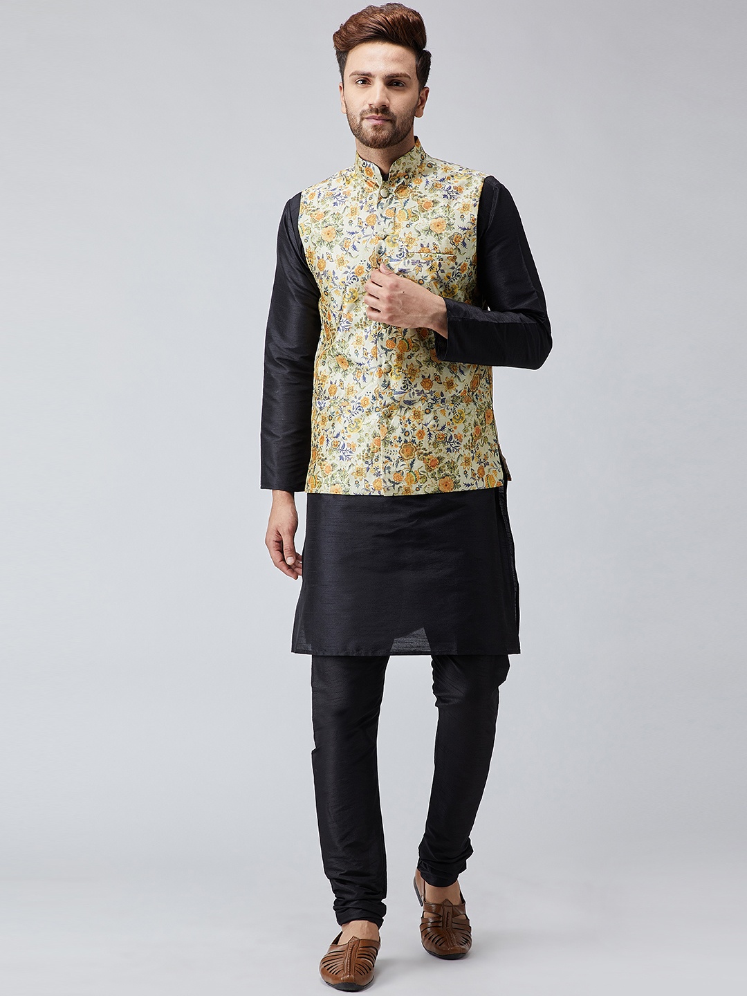 

SOJANYA Men Black & Khaki Self Design Kurta with Churidar & Nehru Jacket