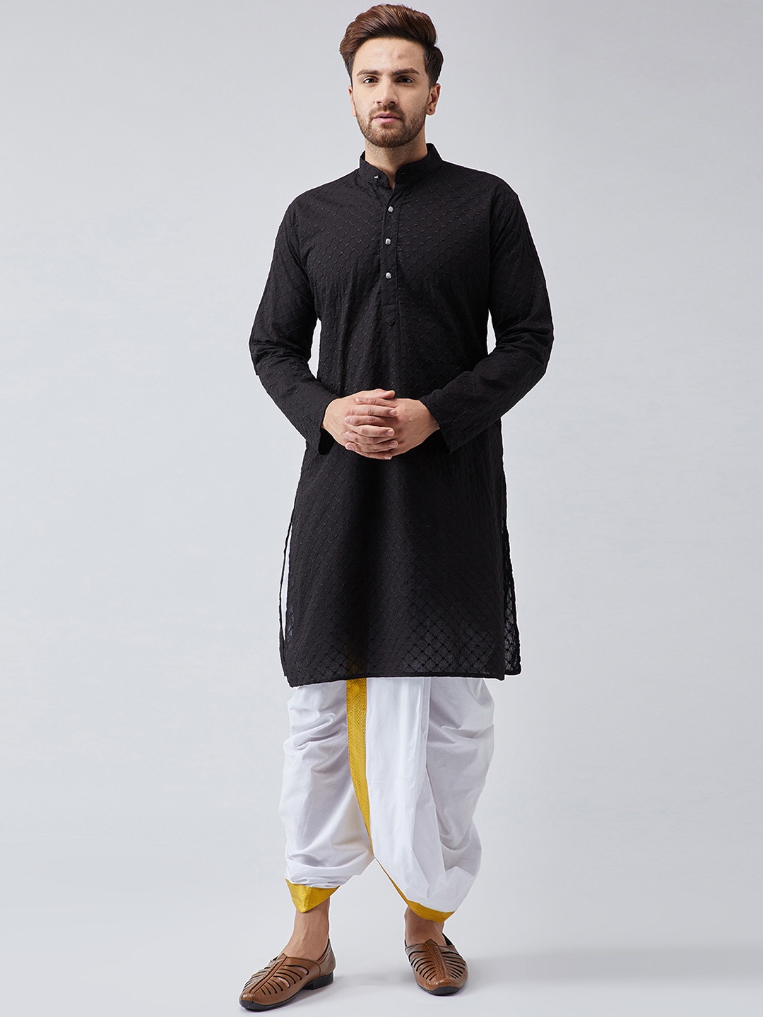 

SOJANYA Men Black & White Self Design Kurta with Dhoti Pants