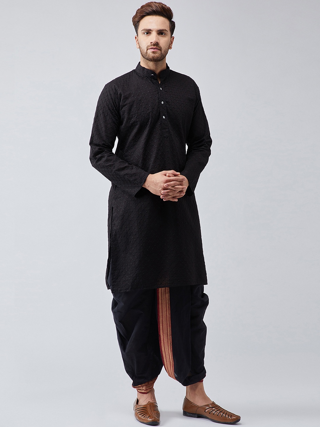 

SOJANYA Men Black Self Design Kurta with Dhoti Pants