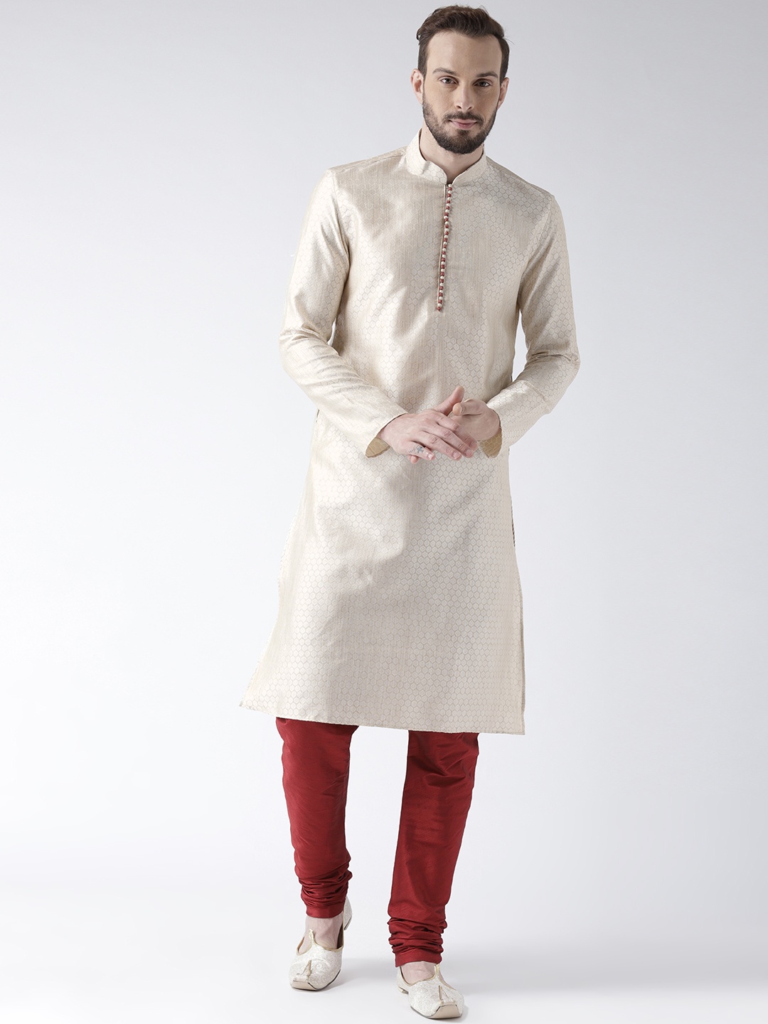 

DEYANN Men Cream-Coloured & Maroon Self Design Kurta with Churidar