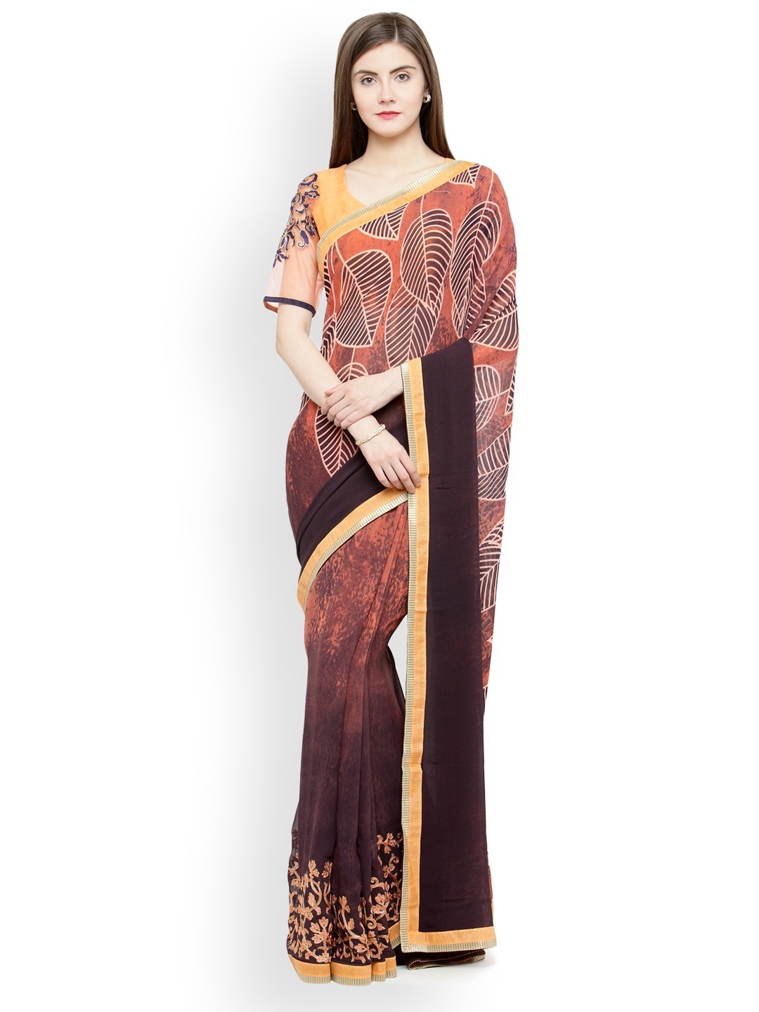 

Shaily Brown Floral Print Pure Georgette Saree with Embroidery